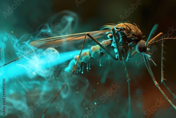 Obraz A mosquito with blue smoke coming out of its mouth. Suitable for health and environment concepts