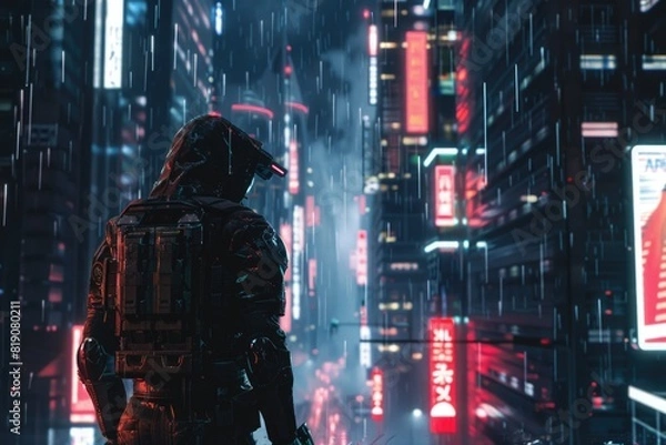 Fototapeta A man standing in the rain in a city at night. Ideal for urban and weather-related concepts