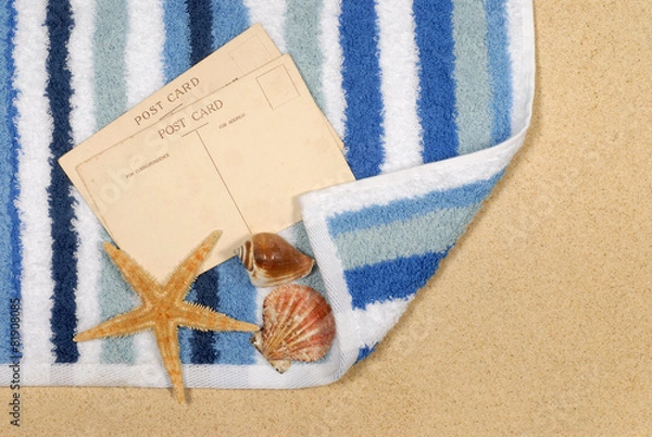 Fototapeta Old vintage retro postcard post card on a summer vacation tropical holiday beach with starfish and seashell photo
