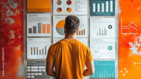 Fototapeta businessman are looking for dynamic and engaging startup pitches with bold graphics, bright colors and sections for market analysis. Financial forecasts and business plans