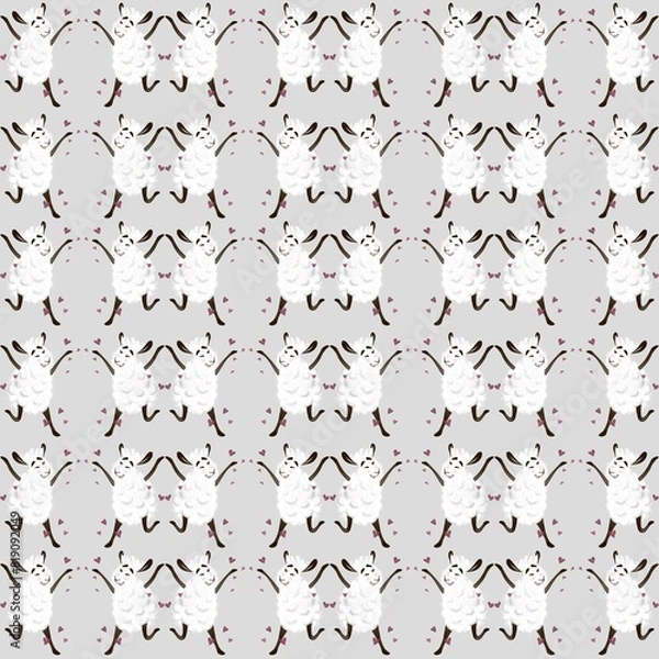Fototapeta Seamless light gray striped pattern with smiling sheep and pink hearts