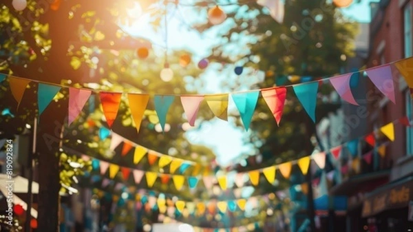 Fototapeta Sunlit outdoor festival with colorful triangular flags and trees