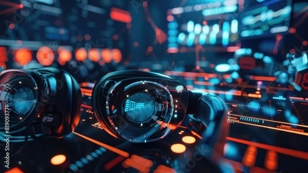 Fototapeta A VR headset and gaming gear in a neon-lit environment showcase advanced virtual reality technology