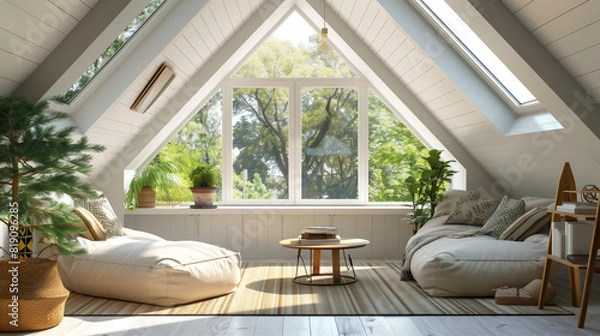 Fototapeta Cozy a-frame attic sitting area with summer greenery view