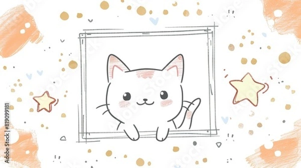 Obraz funny cute cat cartoonish page print border design, with blank empty space for mock up message background	
