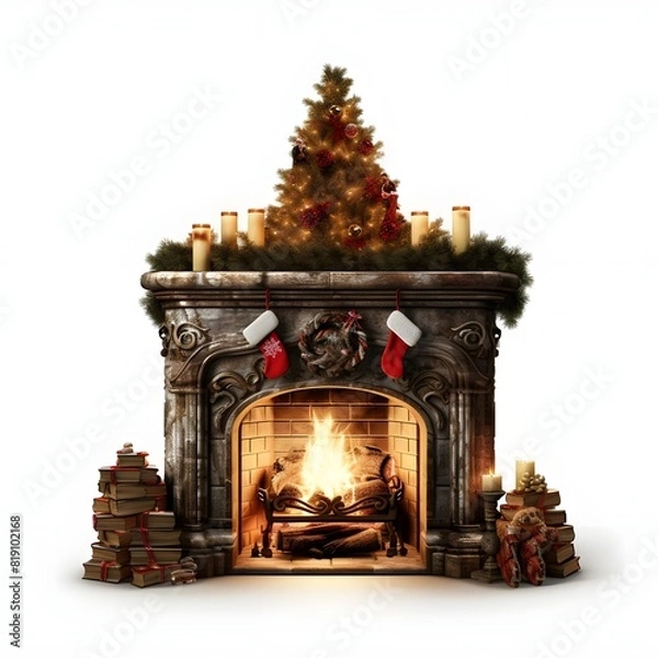 Obraz fireplace with christmas decorations