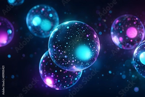Fototapeta Futuristic data technology background. with neon lights and glowing orbs