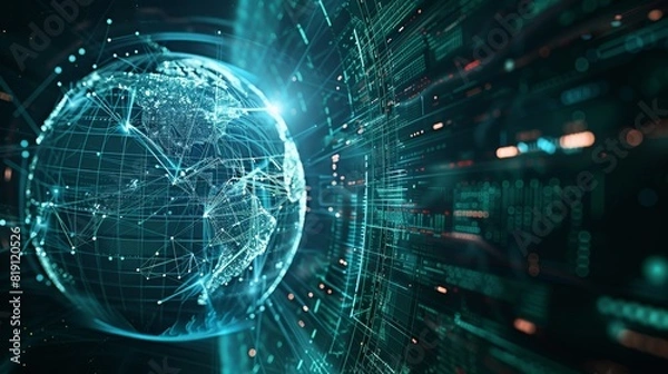 Fototapeta Digital World Nexus: Futuristic Earth Globe with Holographic Global Networks and Data Streams