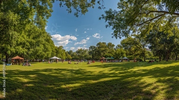 Fototapeta People relaxing in sunny park with trees and tents around