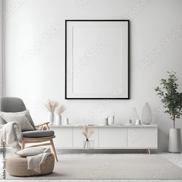 Fototapeta An empty poster frame mockup adorning the walls of a serene Scandinavian white style living room interior, creating a sense of tranquility