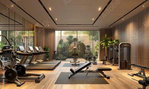 Fototapeta A fully equipped exercise room with a variety of training equipment, providing comprehensive training for each muscle group.