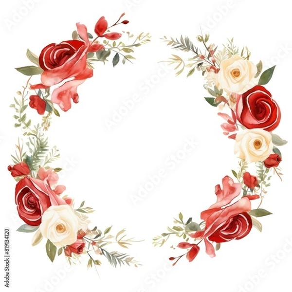 Obraz A traditional wedding frame with red and white roses, watercolor illustration, blank middle area.