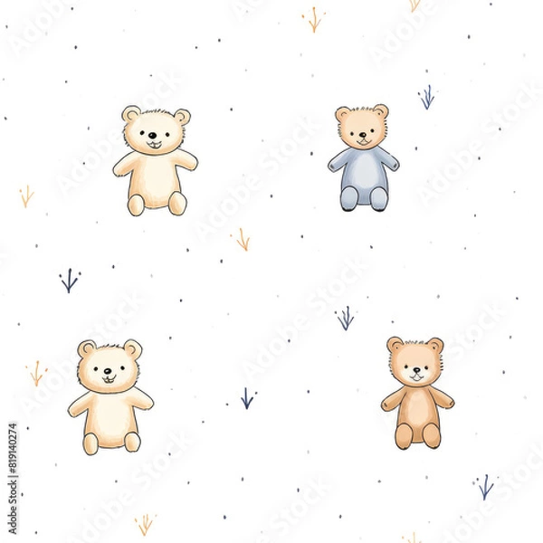 Fototapeta Cute bear pattern with pastel colors on white background. Ideal for baby nursery decor and children's illustrations.