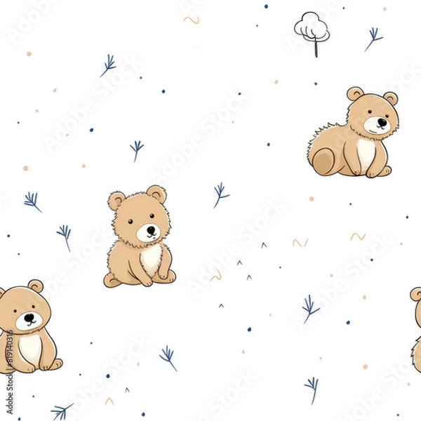 Fototapeta Cute seamless pattern with cartoon teddy bears and simple trees on a white background, perfect for textile and wallpaper designs.
