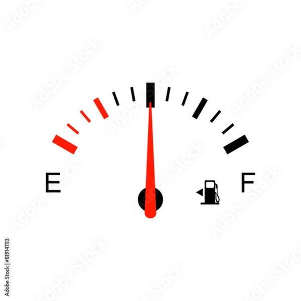 Fototapeta Half tank of gasoline. Fuel gauge with warning to indicate low fuel level. Vector illustration of classic gas tank indicator on car dashboard panel. Energy shortage concept.