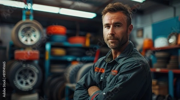 Fototapeta The auto mechanic stood with his arms crossed.