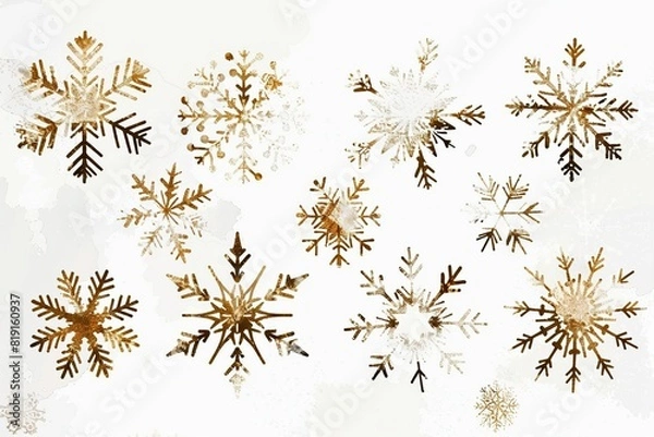 Fototapeta a festive scene featuring a variety of snowflakes and flowers, including gold and small flowers, arranged in a row from left to right