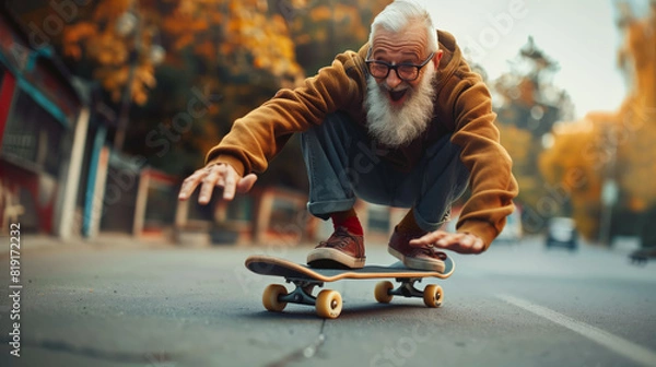 Obraz old man brings joy to the streets as he skateboards with remarkable speed and skill