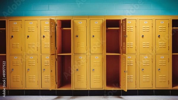 Fototapeta  A row of yellow school lockers with a couple of doors open in a school hallway.