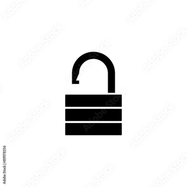Fototapeta A simple black silhouette of an unlocked padlock, representing the concepts of access, freedom, and security being open or released.