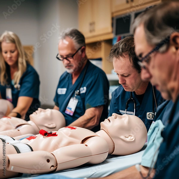 Fototapeta A CPR training session with dummies and medical staff.