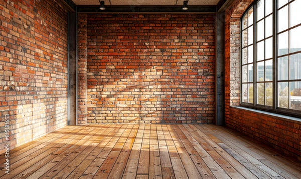 Fototapeta An open loft-style area boasting an expansive window. The interior showcases modern elements, including hardwood flooring and brick walls