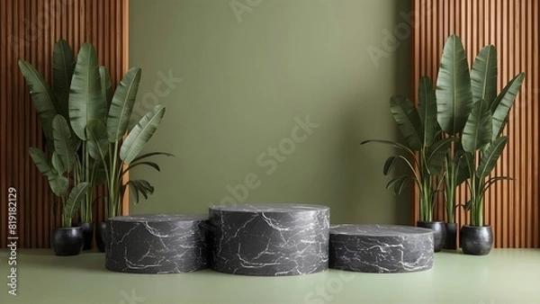 Fototapeta Set of 3 fine gray marble 3D podiums with green and wood slabs background and plants for beauty product photography background