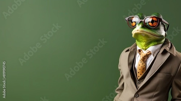 Fototapeta Funny frog in a suit and glasses on a green background.