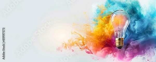 Fototapeta Creative concept of colorful explosion from light bulb, bright idea or inspiration and innovation with copy space for text on grey background.