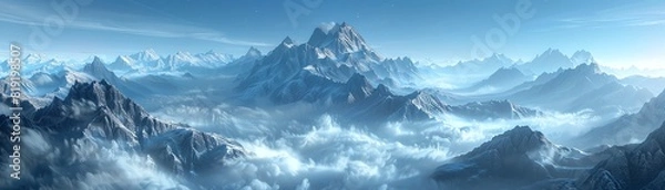 Fototapeta Panoramic mountain landscape. The peaks of the mountains are covered with snow. The sky is blue and cloudy. The sun is shining.