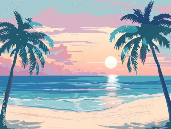Fototapeta Tropical beach with palm trees flat design front view vacation theme water color Triadic Color Scheme