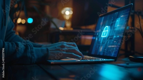 Fototapeta A Hacker at Work at Night