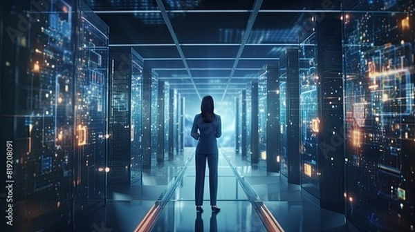 Obraz Businesswoman standing in futuristic server hallway with glowing lights