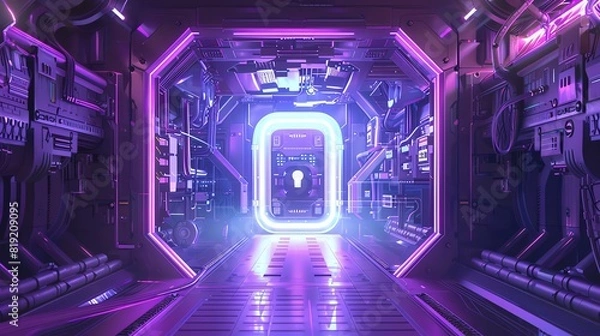 Fototapeta Futuristic sci-fi spaceship corridor with purple lighting, advanced technology, and a glowing portal door in the center.