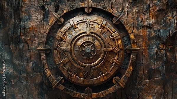 Fototapeta Rustic metal vault door embedded in a weathered, aged wall, showcasing intricate patterns and rugged textures, evoking a sense of security and history