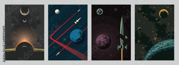 Obraz Cosmic Panorama Set, Space Background Templates for Cosmic Posters, Covers, Illustrations. Stars, Planeets, Space Rockets 
