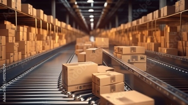 Obraz Cardboard boxes on conveyor belt in warehouse.