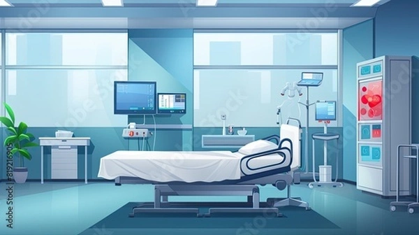 Obraz Hospital room with bed and equipment in cartoon style
