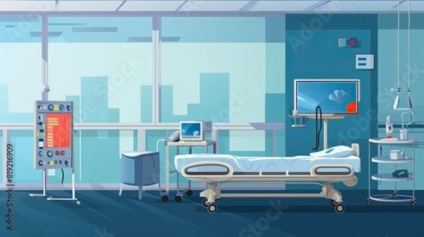 Obraz Hospital room interior with empty bed and equipment.