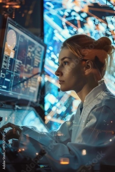 Obraz Woman sitting in front of a computer monitor. Suitable for technology-related projects