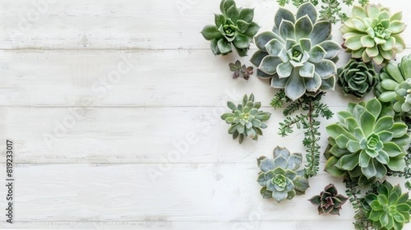 Obraz Minimalist background with various succulents on a painted white wooden desk.