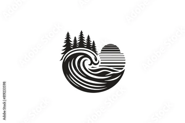 Fototapeta beach ocean vibes logo with waves with pine tree forest, black and white silhouette style vector