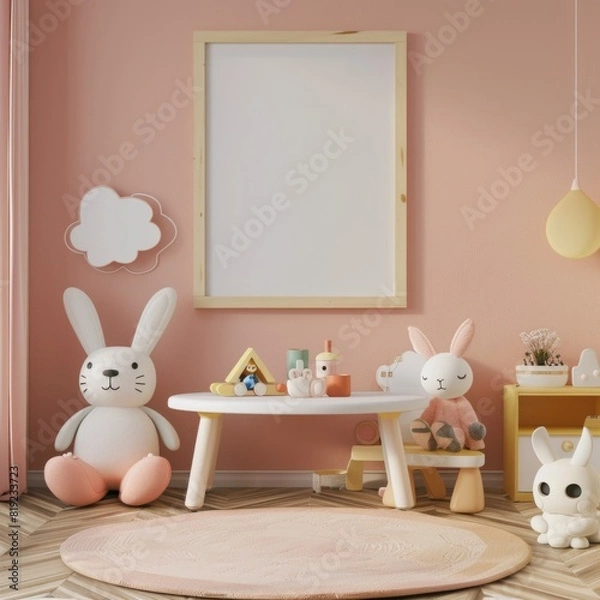 Fototapeta Mock up frame in children room with natural wooden furniture, 3D render.