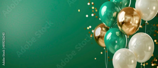 Fototapeta Beautiful happy birthday green color background with golden green white ballons and confetti, celebration, party,, new, year, christmas, xmas, greeting card