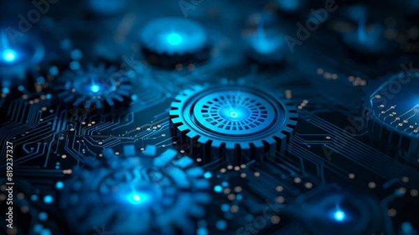 Fototapeta A blue and black computer chip with a blue gear on it