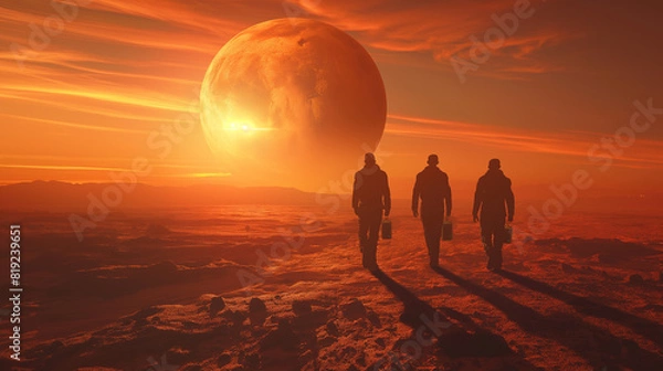Fototapeta Three astronauts are walking across a desert planet