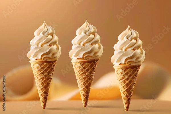 Fototapeta Three vanilla soft serve ice cream cones against a warm background