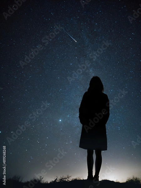 Fototapeta woman looking at the night sky wishing upon a falling star