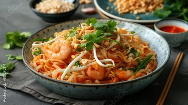 Fototapeta Delicious shrimp pad Thai served in a bowl, garnished with cilantro, peanuts, and bean sprouts, alongside condiments and chopsticks.