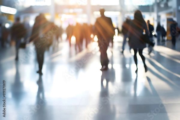 Fototapeta Commuters Walking in a Busy Modern Glass Building Terminal